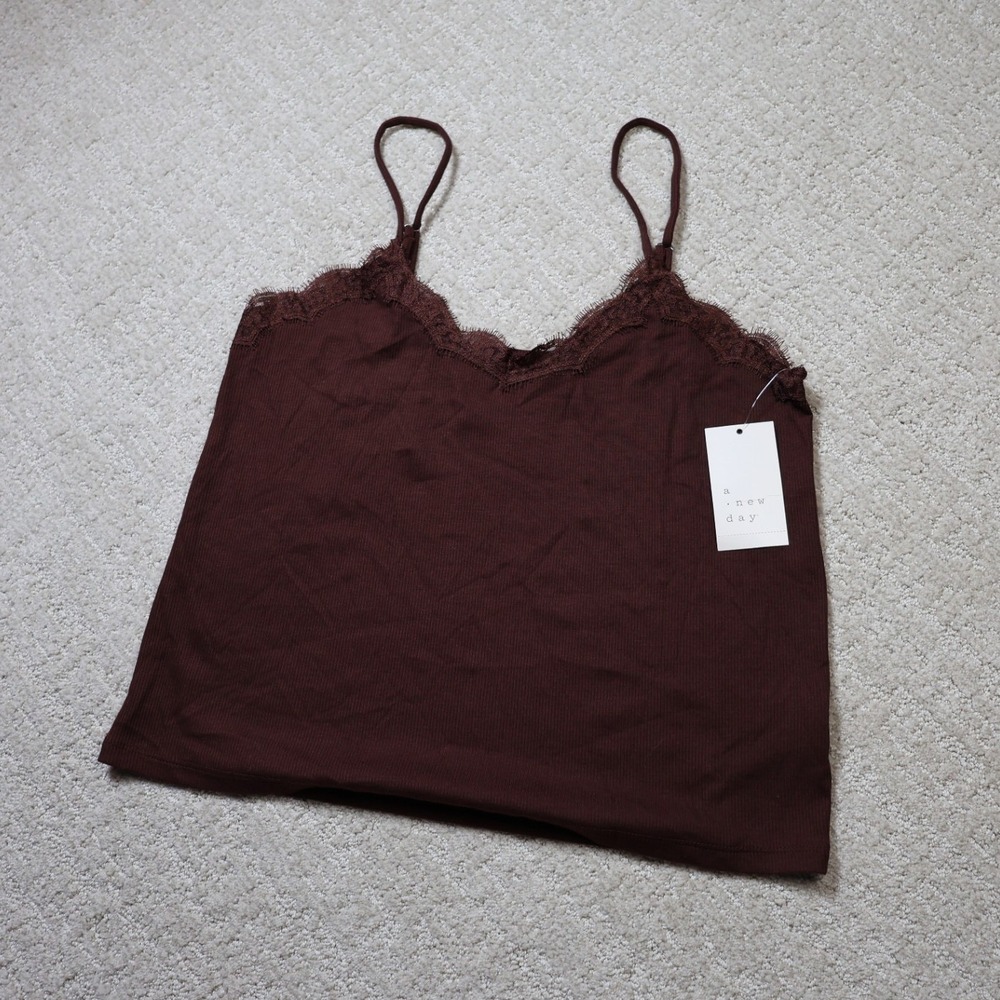 A New Day Womens Lace Trim Ribbed Camisole Dark Brown Chocolate Large NWT